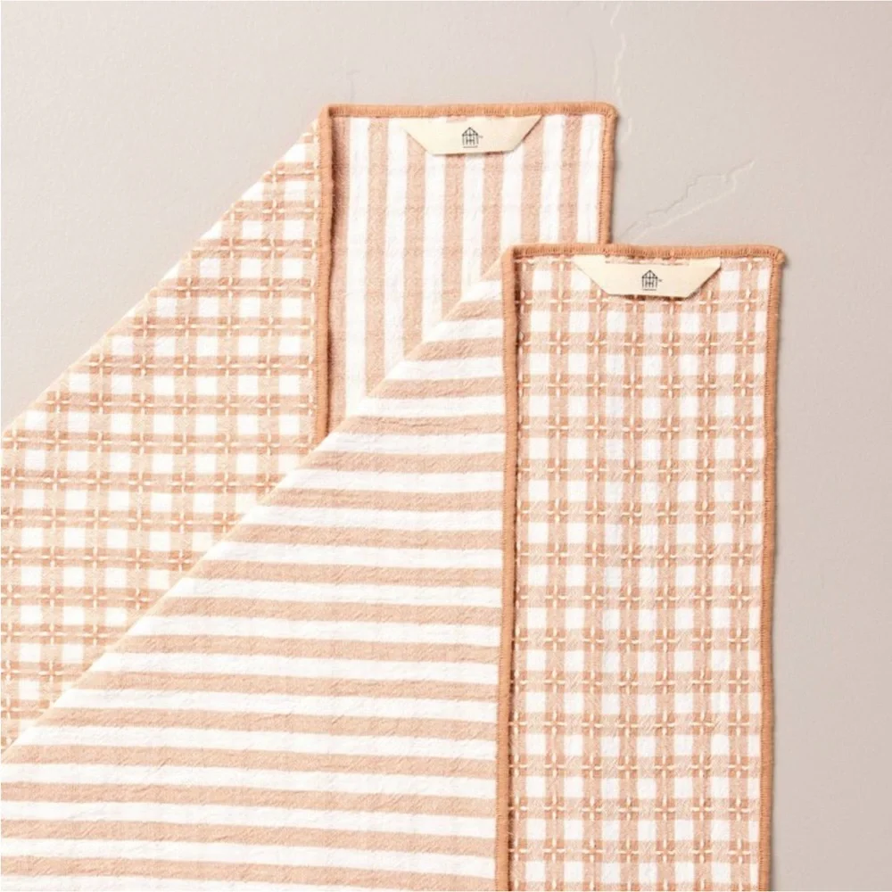 2ct Reversible Textured Gingham/Stripe Kitchen Towel Set Blush - Hearth & Hand